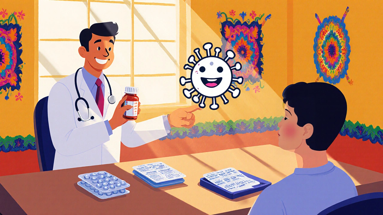 A cartoon doctor discusses aspirin and antiviral pills with a patient.
