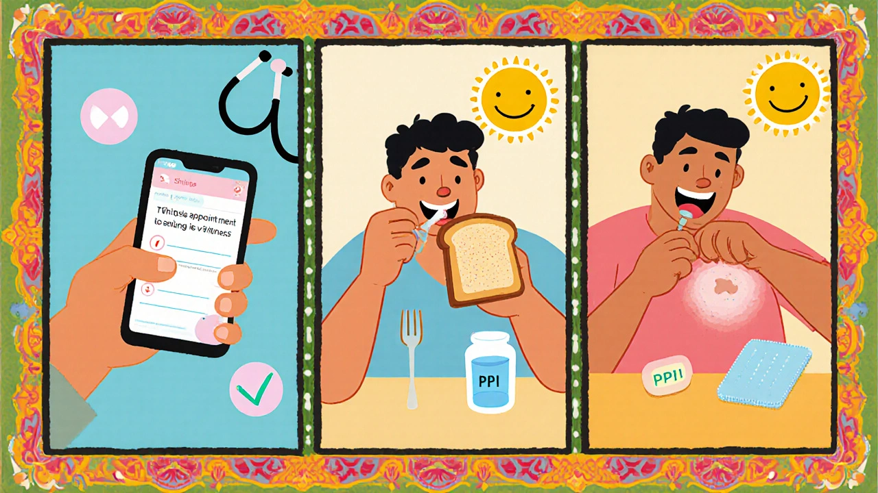A cartoon patient follows safe aspirin steps, taking pills with food and a cool compress.