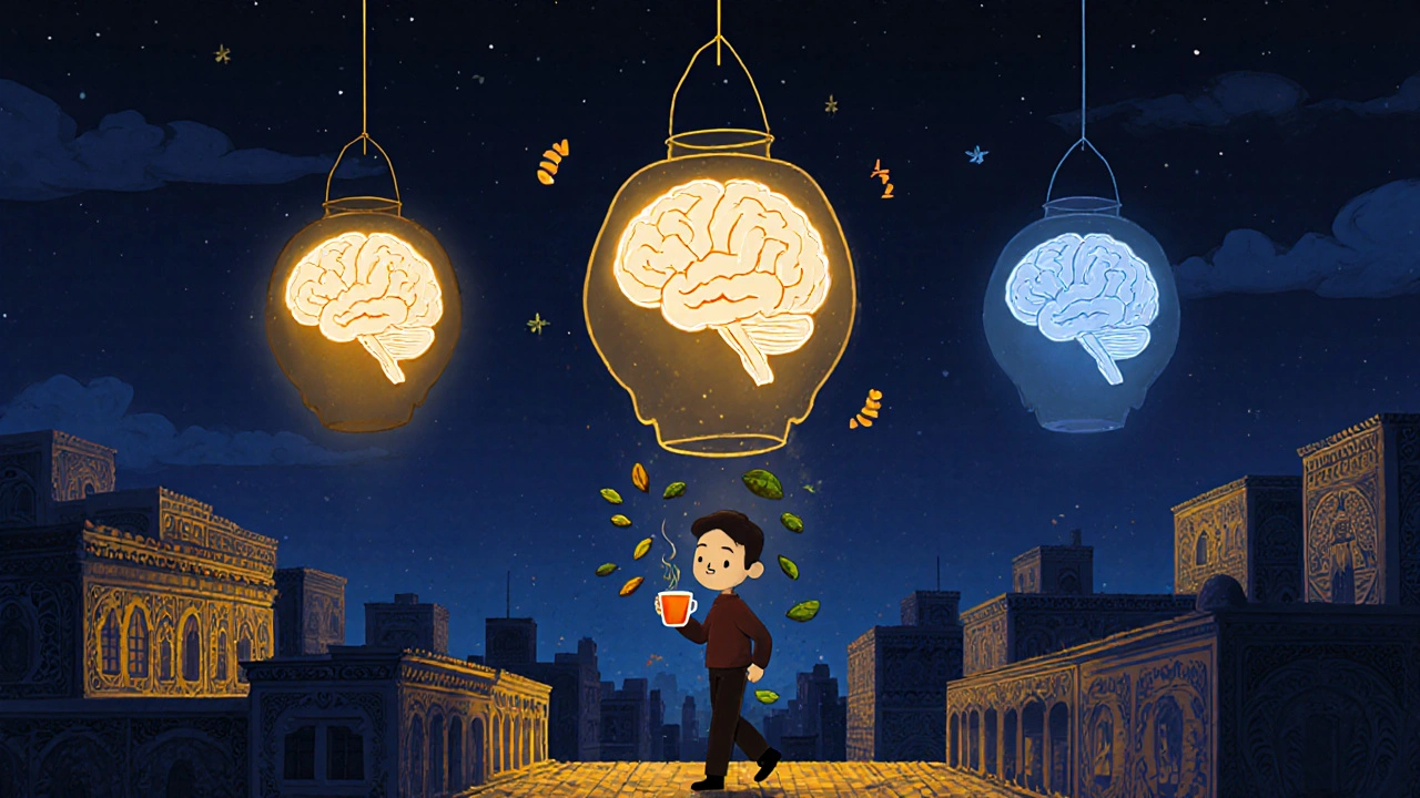 A night city with brain lanterns showing different focus methods, one steady golden light from Waklert, in Mexican folk-art animation style.