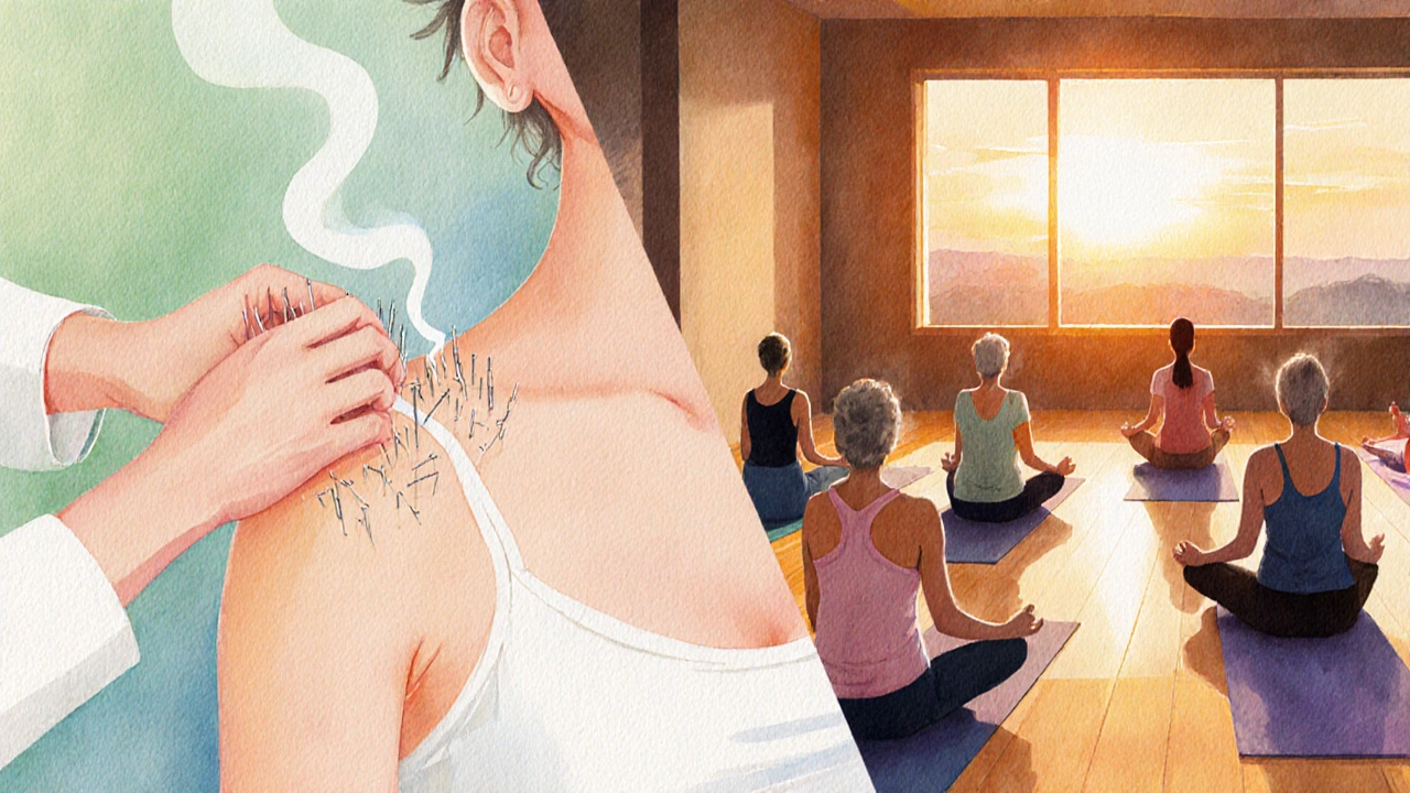 Acupuncture session beside a sunset yoga class illustrating holistic therapies.