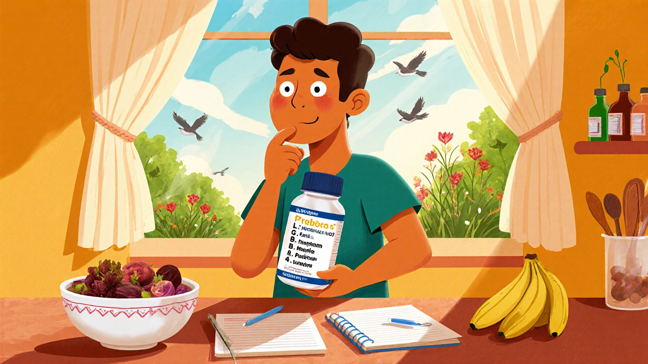 Adult examines probiotic bottle and prebiotic foods while noting health effects in a notebook.