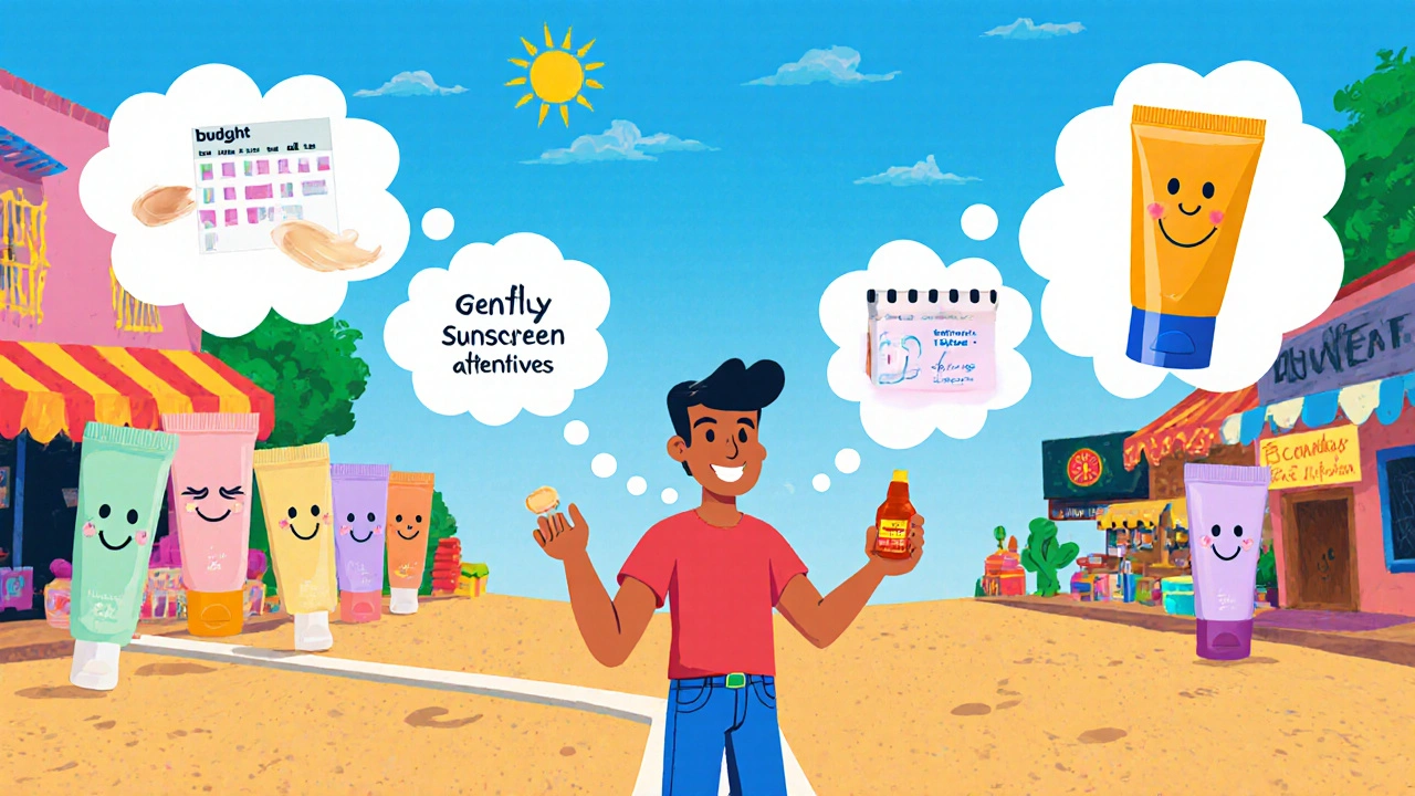 Animated market scene of a person choosing between skin lighteners, patch test, and sunscreen.