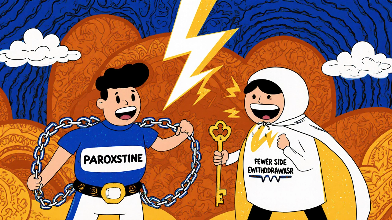 Cartoon battle between Paroxetine with lightning chains and Escitalopram with a key, set in a brain landscape with folk-art style.