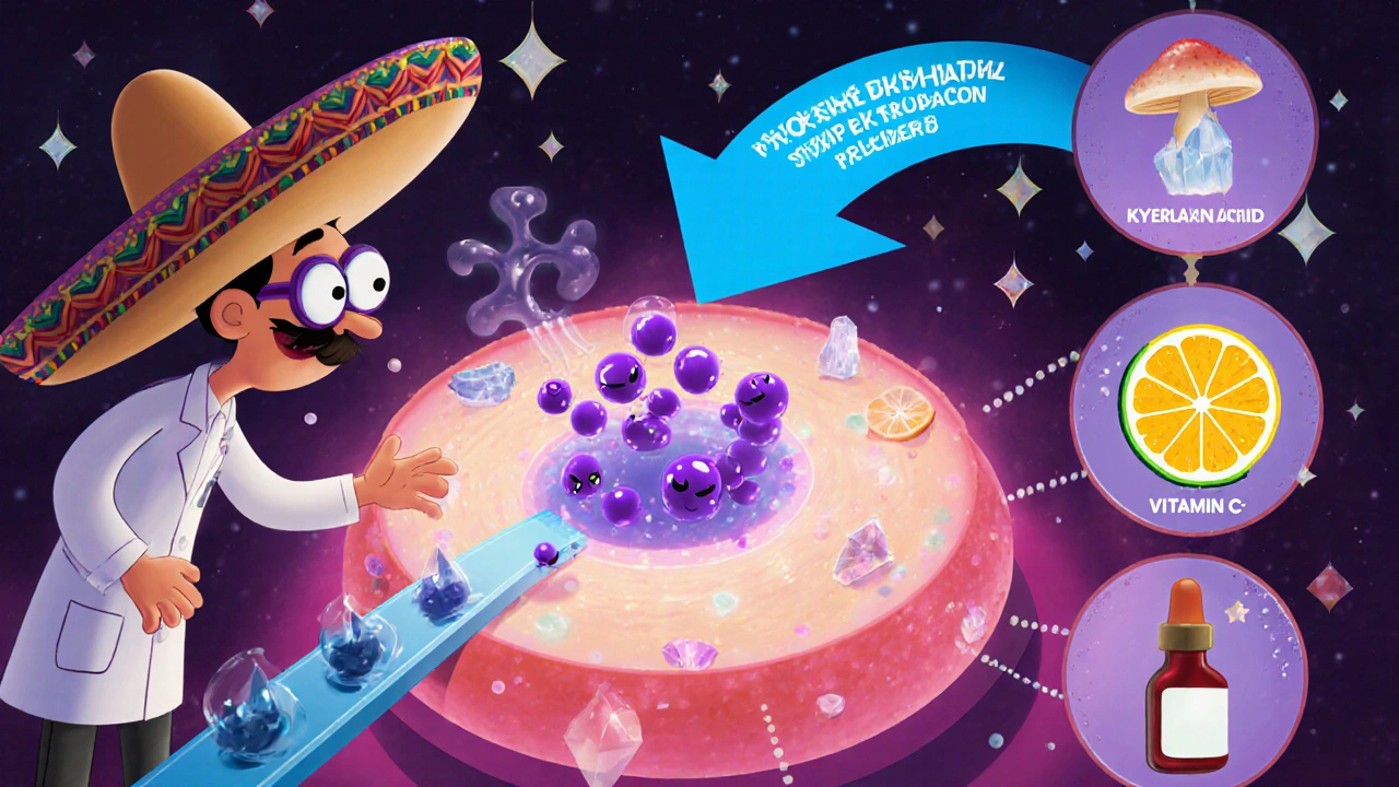 Cartoon lab showing hydroquinone blocking tyrosinase enzymes in a skin cell, plus other brighteners.