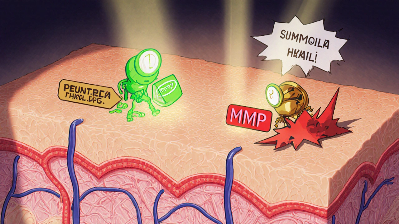 Cartoon peptides as heroes delivering messages to fibroblasts, blocking MMP enzymes.