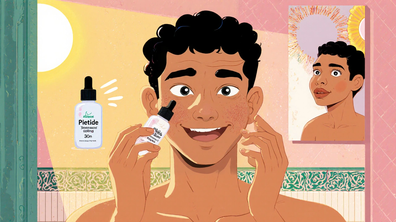 Cartoon person applying peptide serum, moisturizer, and sunscreen in a sunny bathroom.
