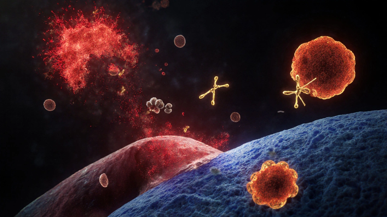 Close‑up of airway cells releasing cytokines, IgE antibodies and mast cells reacting to allergens.