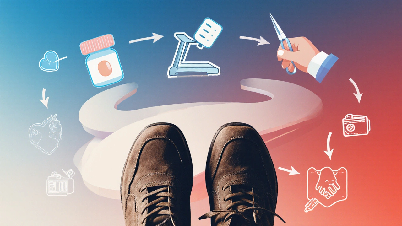 Collage of walking shoes leading to paths for pills, exercise, and surgery with health symbols.