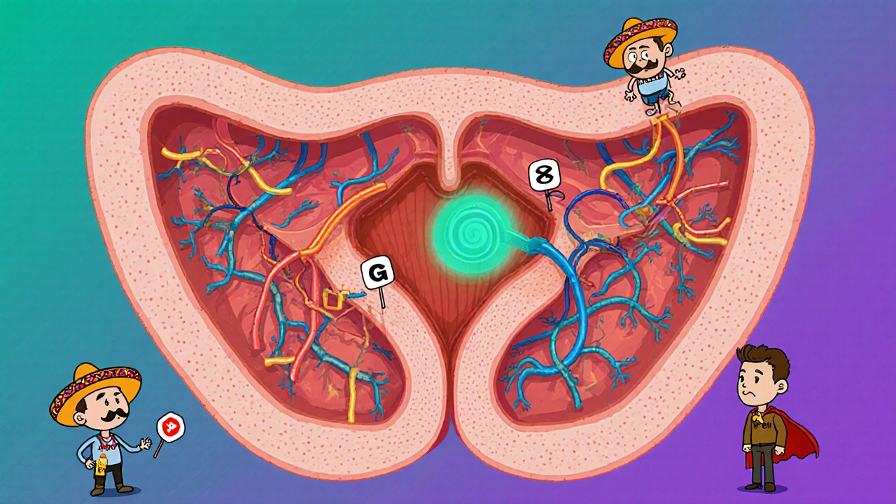 Cross‑section of pelvic area showing narrowed vessels blocked by nicotine and alcohol sprites.