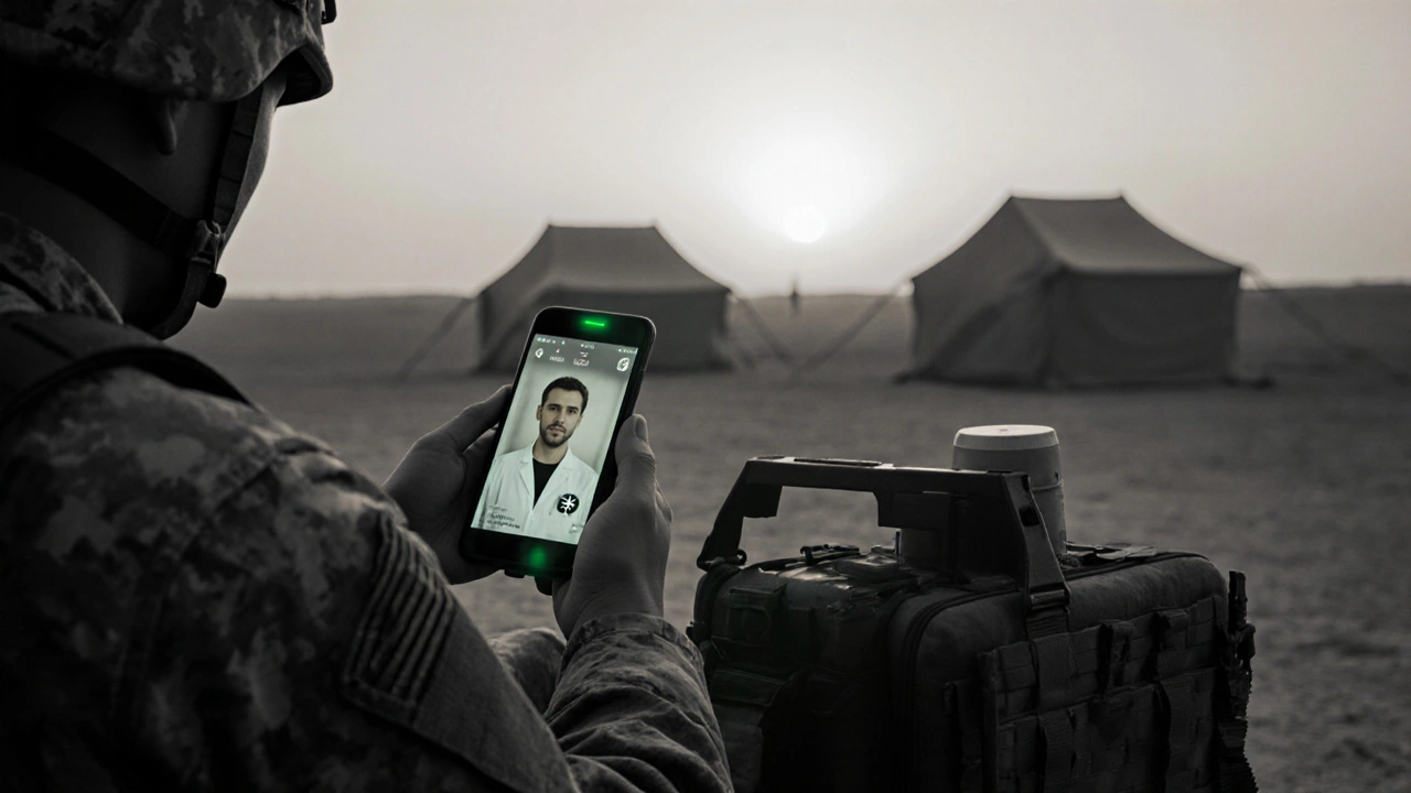 Deployed soldier using telehealth for medication, green screen light accent.