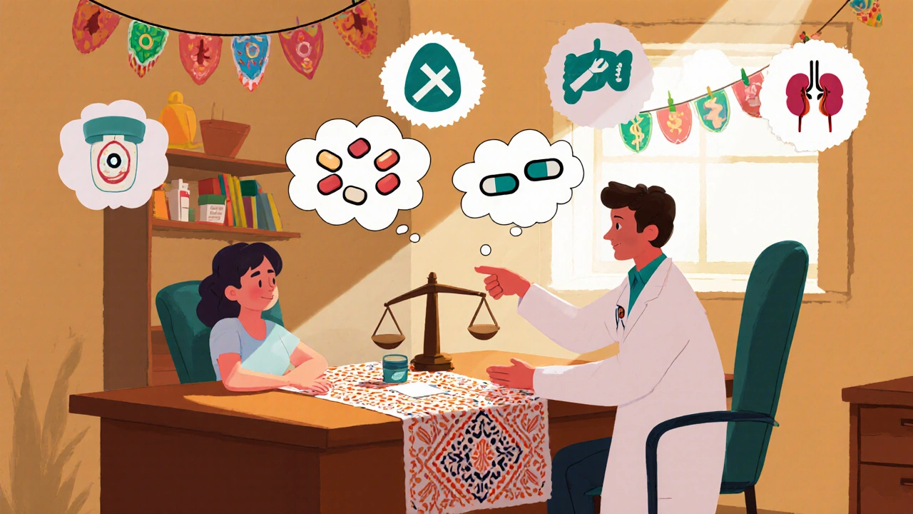 Doctor and patient discussing pill schedules with balancing thought bubbles in an office.