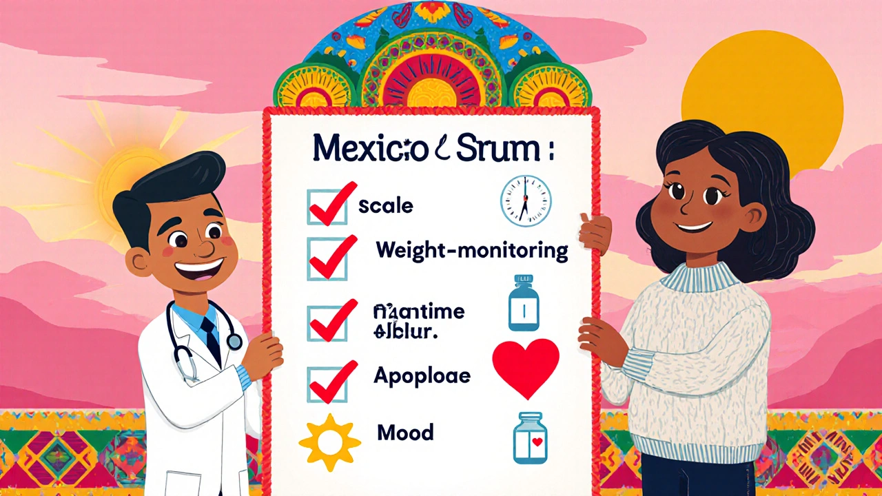 Doctor and patient reviewing a colorful checklist with icons for weight, dosage, and mood under a sunrise.