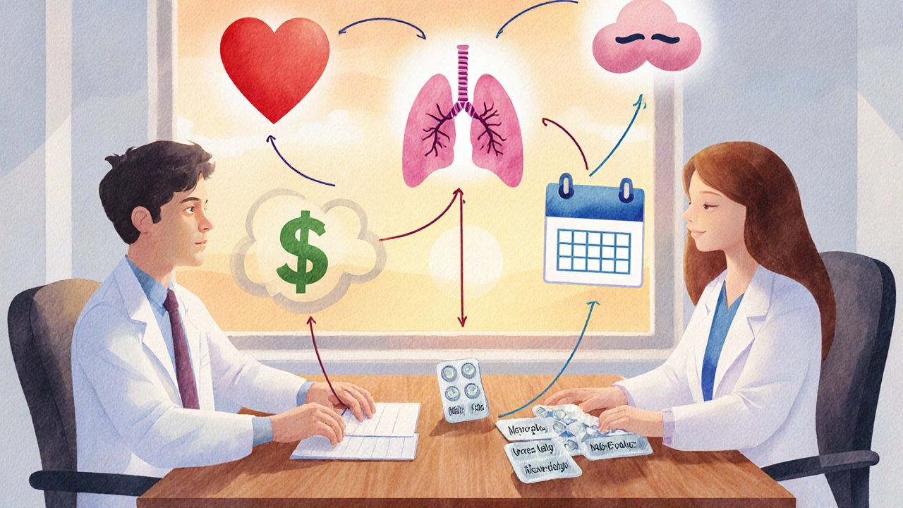 Doctor and patient reviewing medication options with floating health icons.