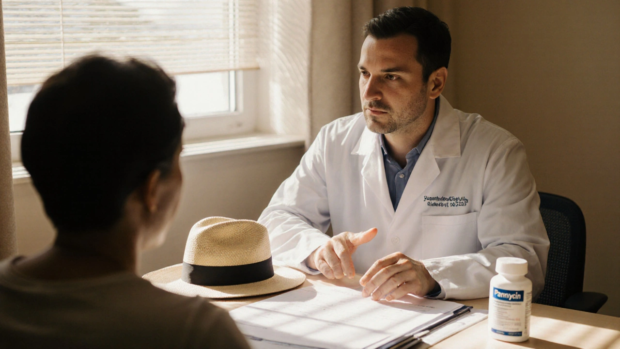 Doctor consulting patient beside a sun hat and Panmycin bottle in a sunny clinic.