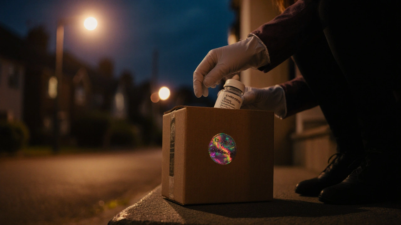 Doorstep scene with a sealed box being opened, revealing a pill bottle with batch details.