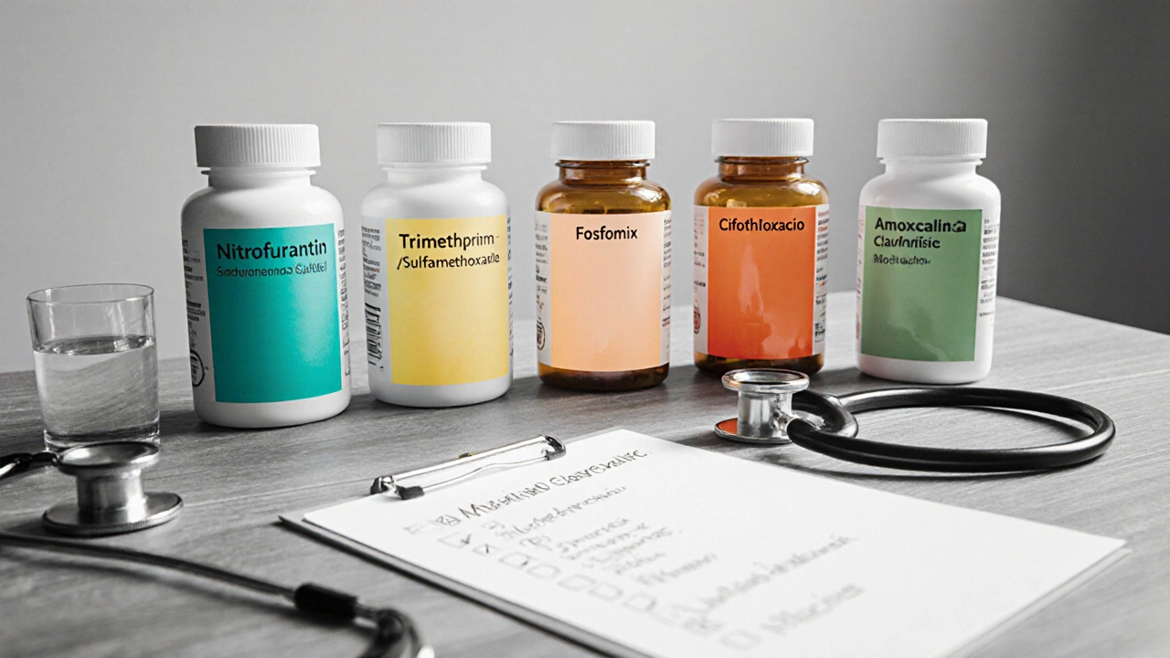 Five antibiotic bottles with colored accents arranged on a desk beside a checklist.