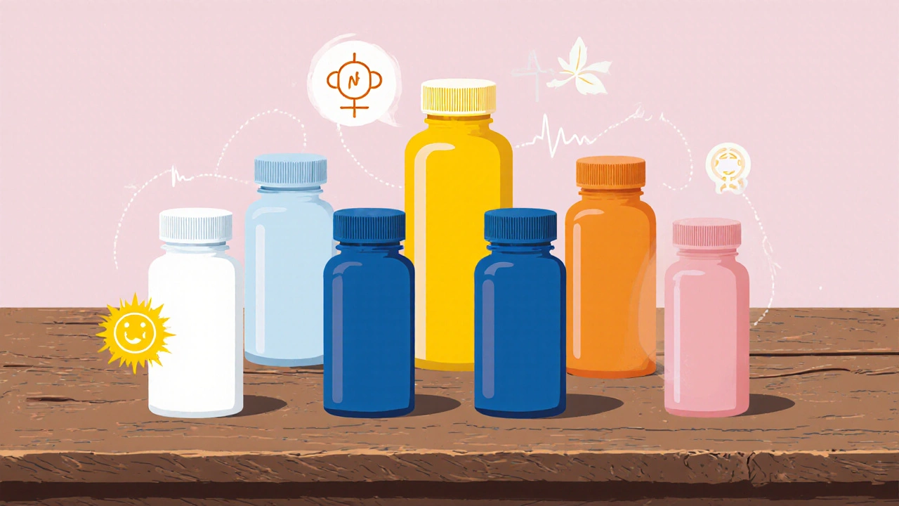Five color‑coded pill bottles on wood with subtle icons indicating side effects.