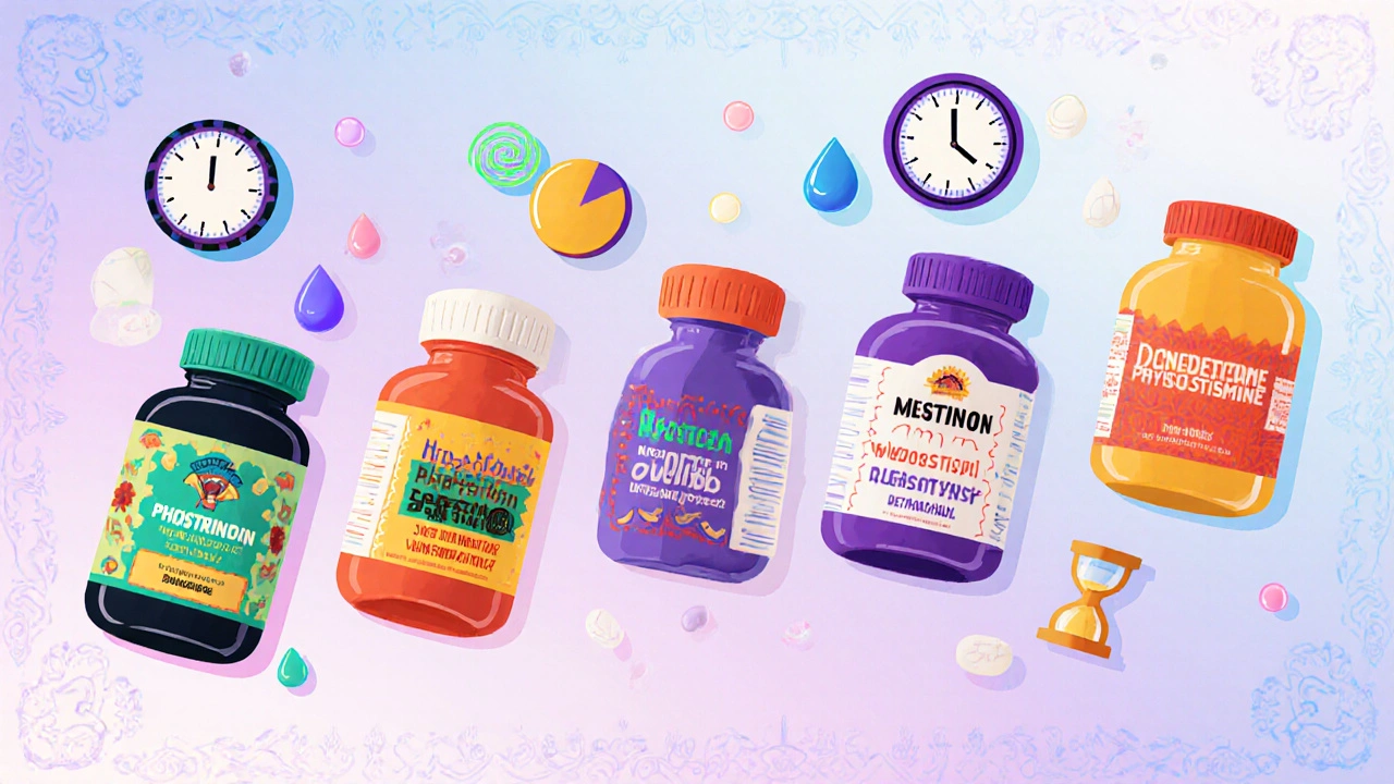 Floating pill bottles with clocks and side‑effect icons in a colorful Mexican‑style layout.