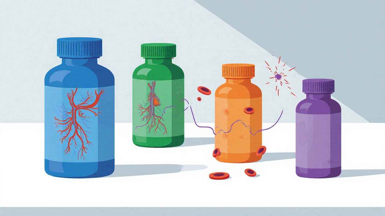 Four medication bottles with visual cues representing each drug's mechanism on a countertop.