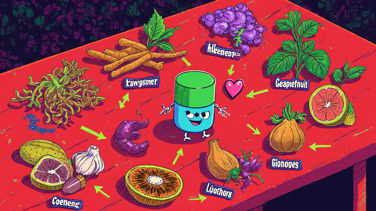 Herbs arranged around a smiling atenolol pill, arrows show interaction types.