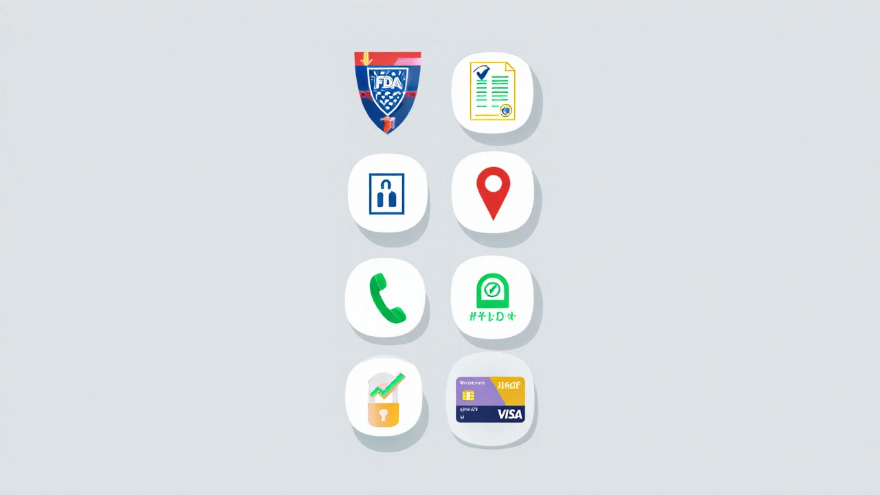 Icon checklist showing FDA shield, prescription pad, lock, phone, location pin, and HTTPS credit card.
