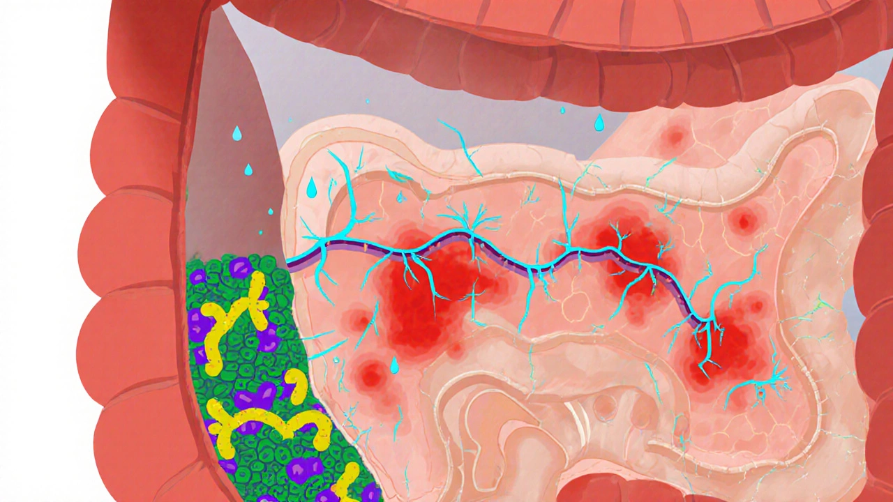 Illustrated gut cross‑section showing inflamed intestine and microbiome imbalance.