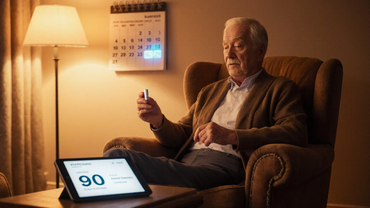 Individual holding a warfarin pill while checking INR on tablet beside a 90‑day calendar.