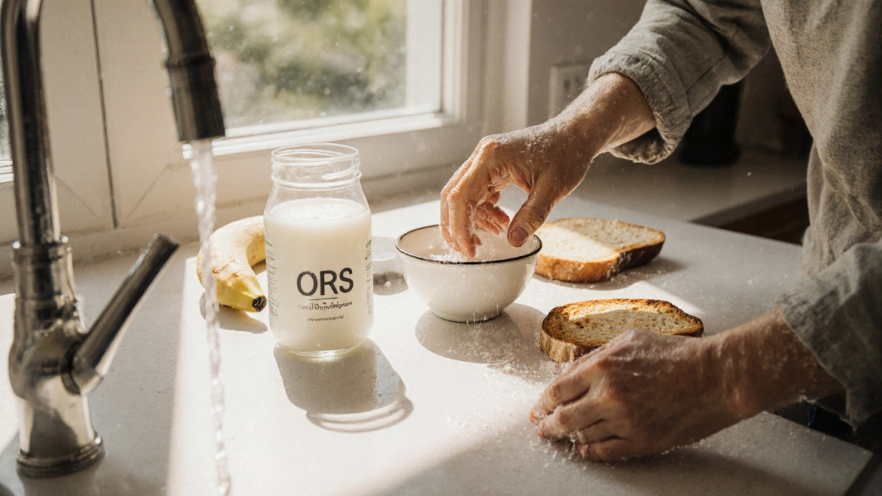 Kitchen scene with ORS drink, probiotic yogurt, BRAT foods, and hand‑washing.