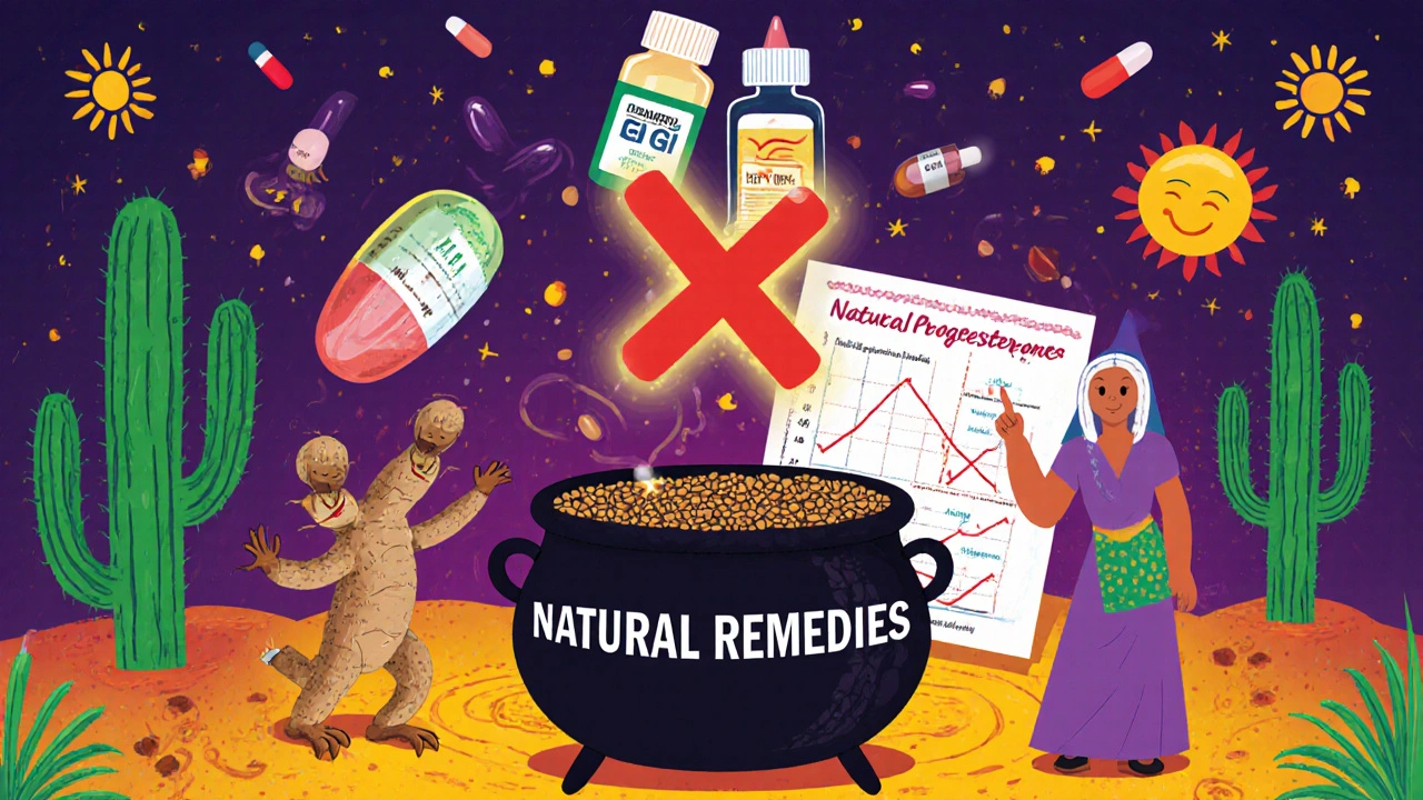 Kitchen with dancing herbs and a red X over natural remedies, while medical options shine above.