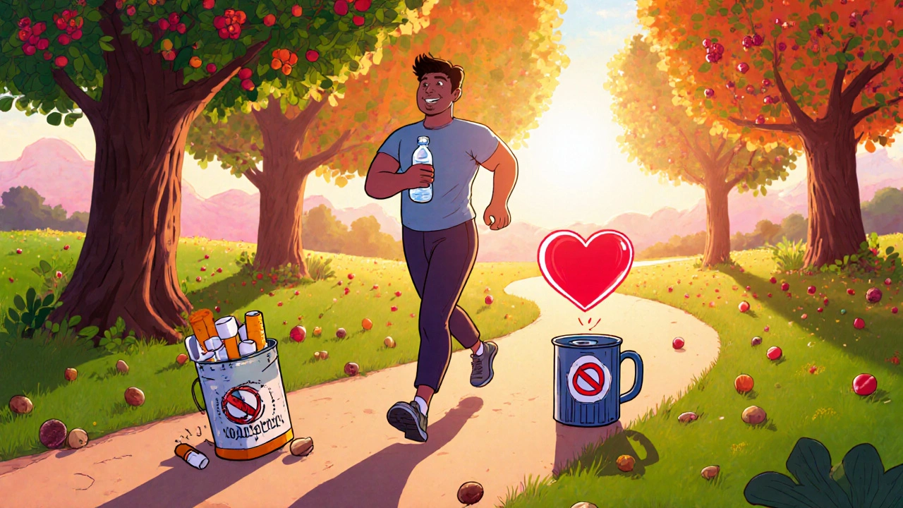 Man jogging in park with discarded cigarettes and beer, surrounded by healthy foods and a glowing sign of improved function.