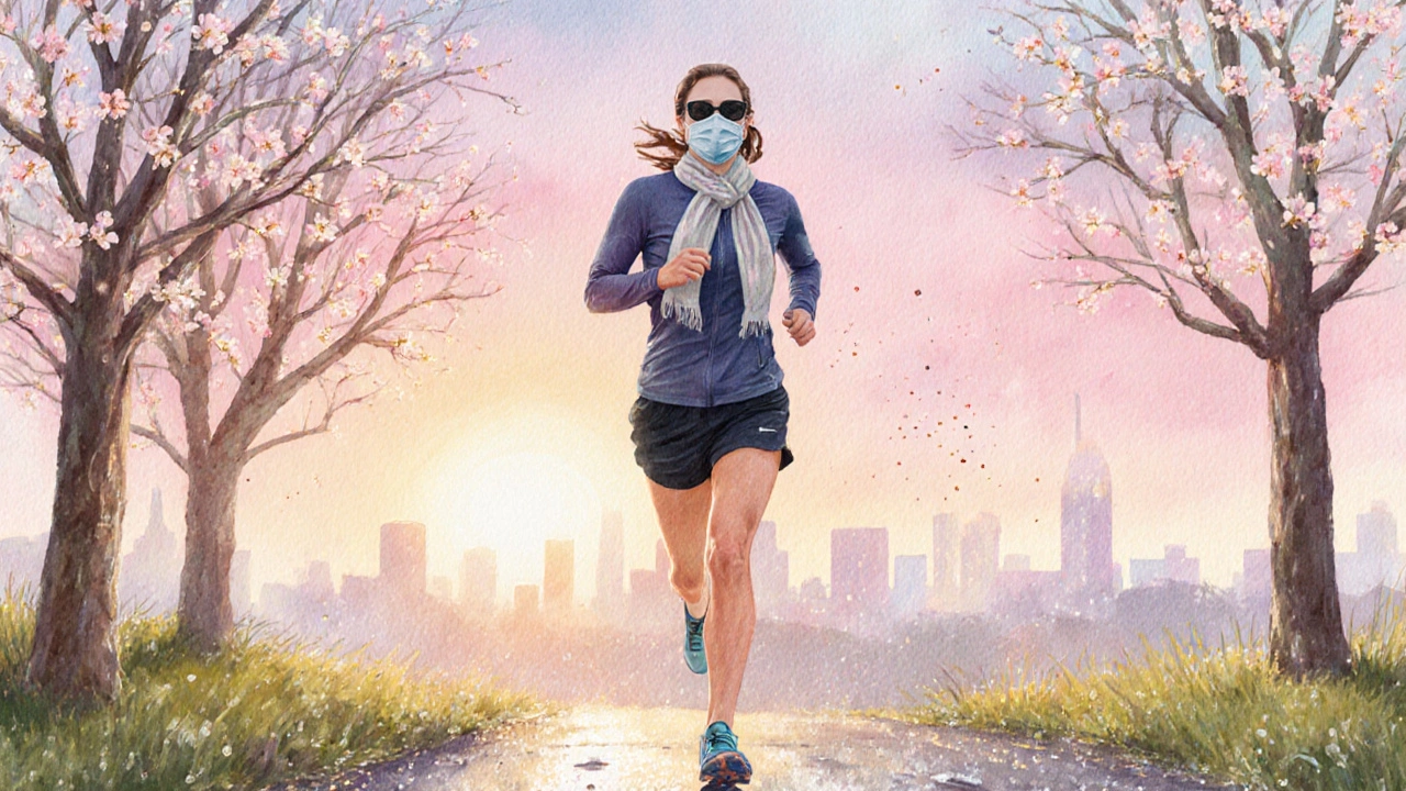 Morning park jogger in mask and scarf under sunrise with minimal pollen.