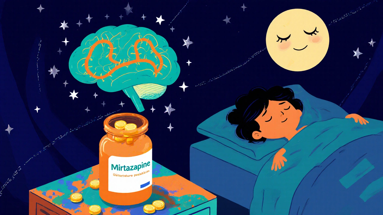 Nightstand with glowing mirtazapine bottle, floating brain showing serotonin pathways, and sleeping figure.