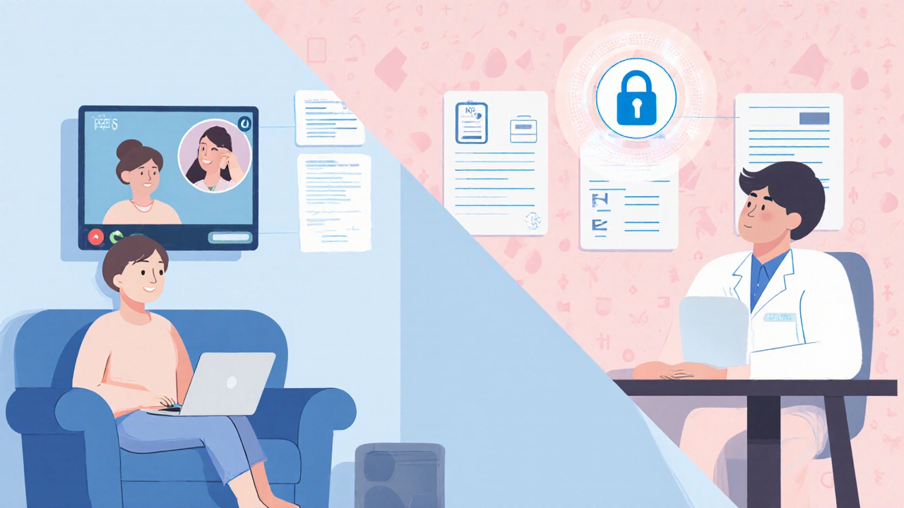 Pastel illustration of a video call between a patient and doctor, showing a digital prescription exchange.