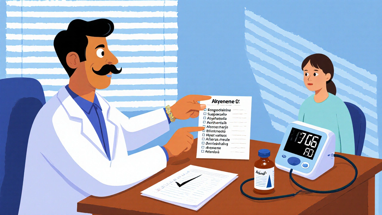 Patient and doctor review supplement list and blood‑pressure monitor in a clinic.