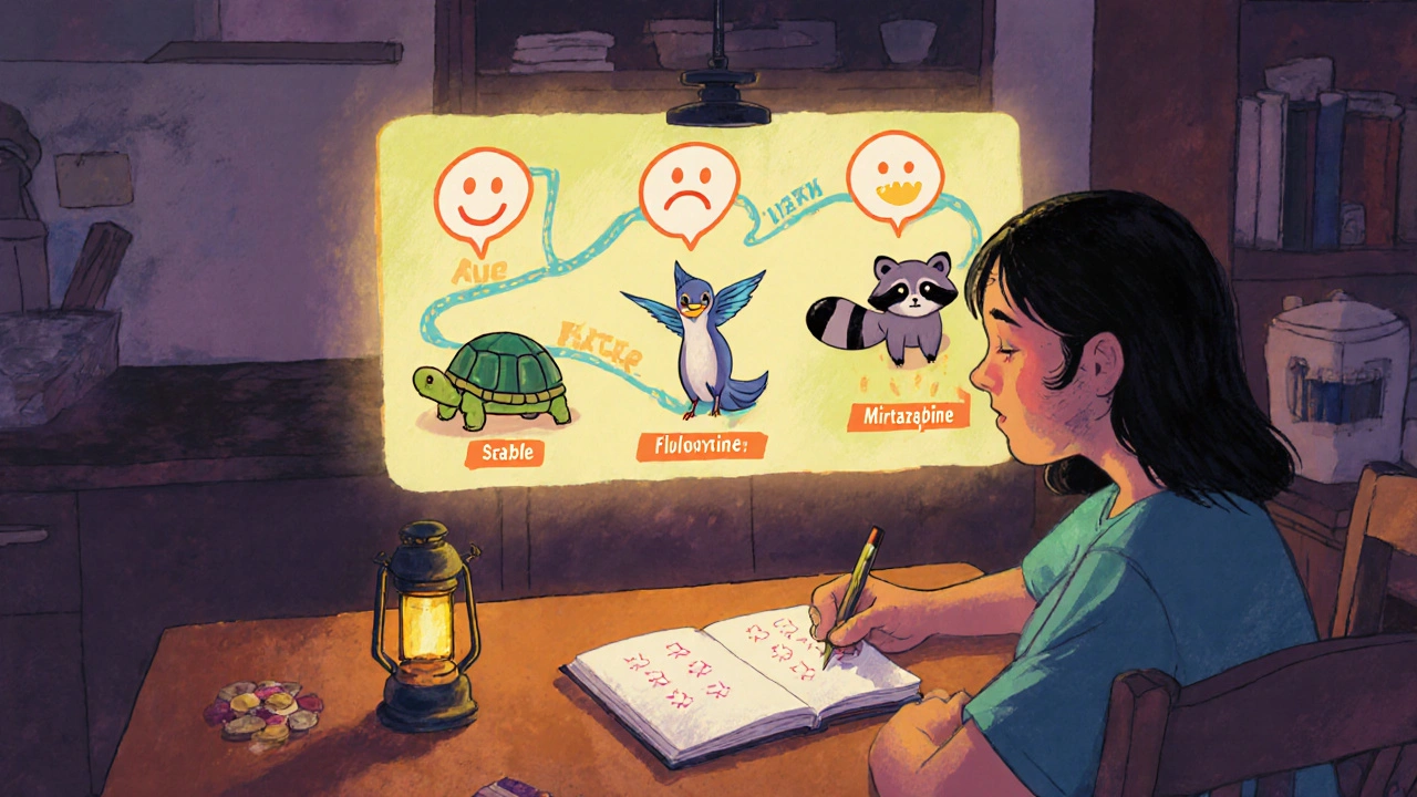 Patient journaling weekly moods while animated animal guides represent different antidepressants on a glowing roadmap.