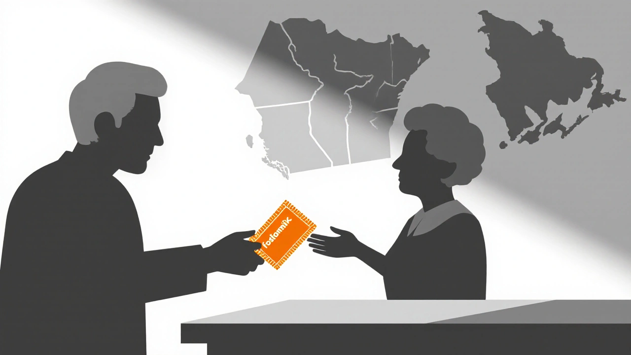 Pharmacist gives an orange‑highlighted Fosfomycin packet to a patient at a counter.
