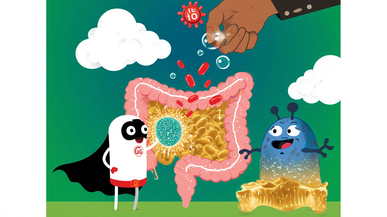 Probiotic heroes block pathogens, produce SCFA bubbles, and signal immune cells inside the intestine.