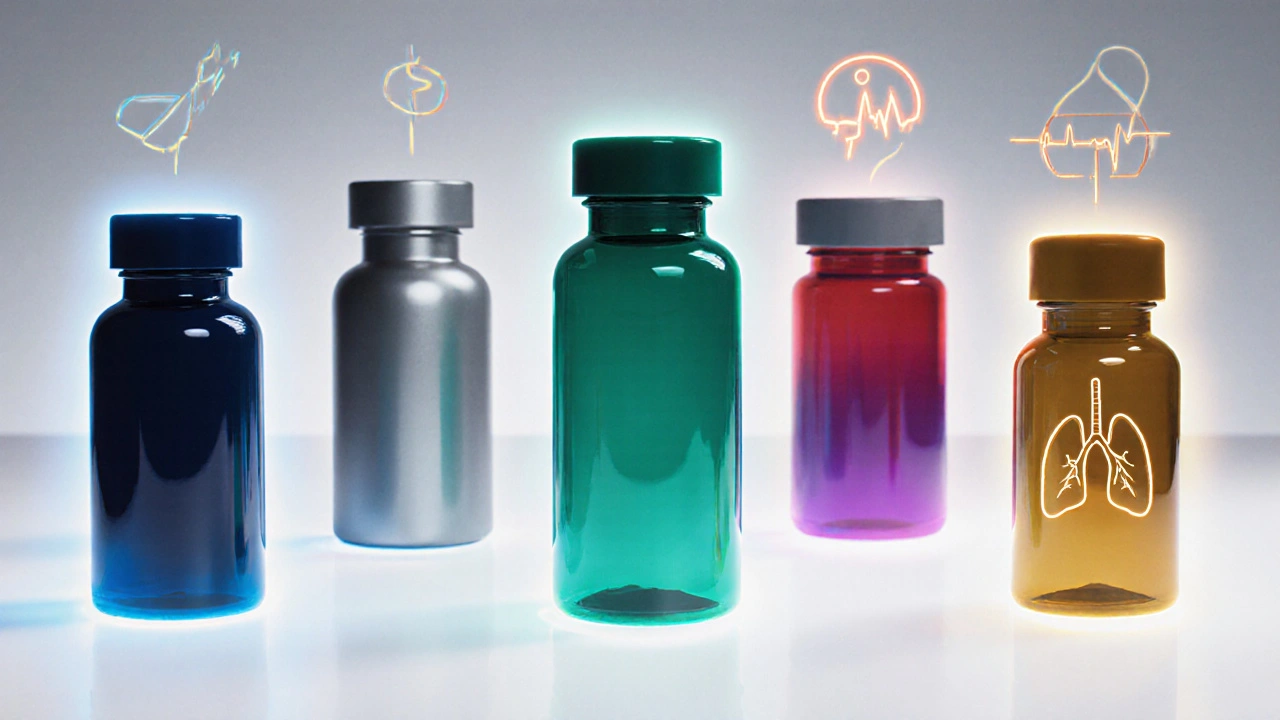 Six different beta‑blocker pill bottles with visual cues for their properties.