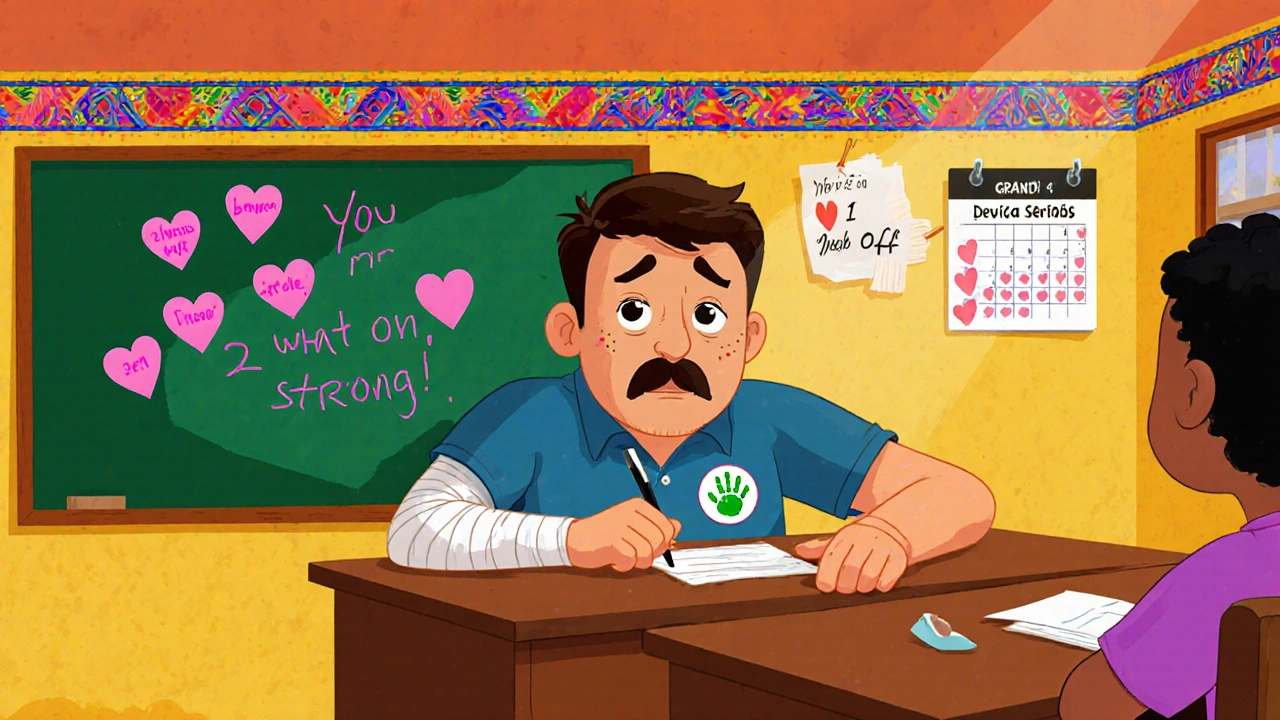 Teacher with sore hands teaching a class, students showing support with heart notes on the board.