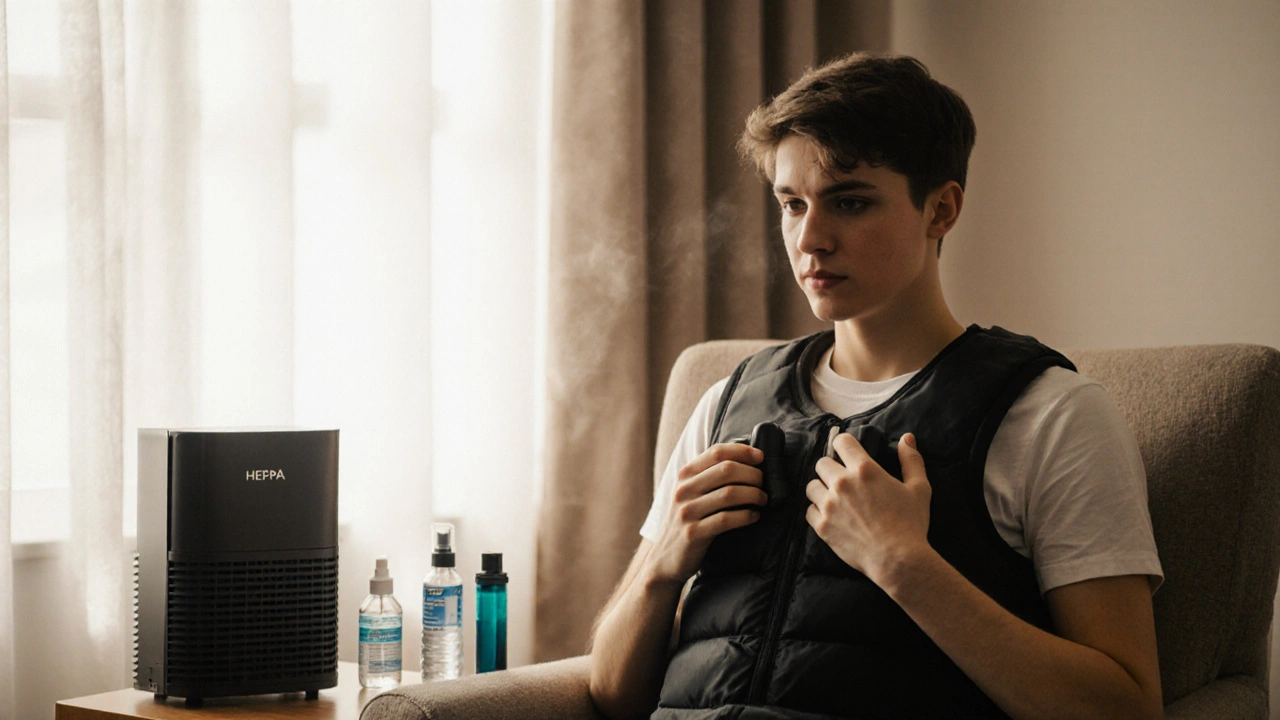 Teen with cystic fibrosis using chest physiotherapy, surrounded by a HEPA filter and allergy care items.