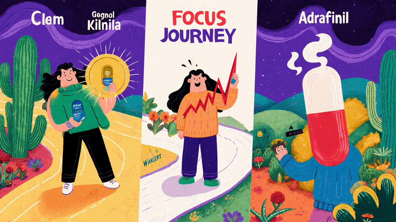 Three stylized characters representing Waklert, modafinil, and adrafinil on a path with cacti and marigolds in bold Mexican cartoon style.