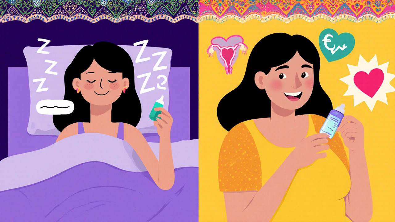 Woman choosing between drowsy oral pill and effective vaginal gel, with uterine heart symbol.