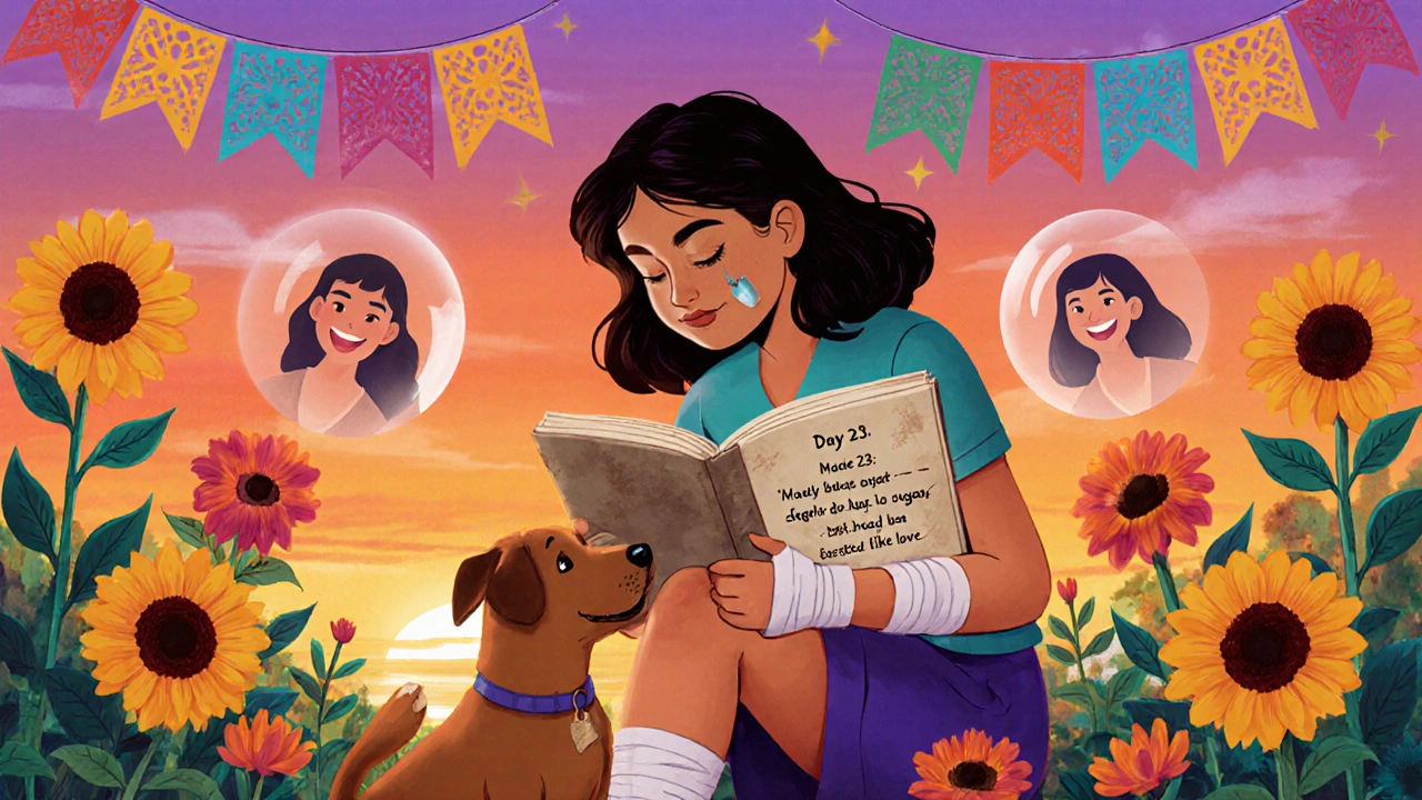 Woman planting flowers in a garden, holding a journal, surrounded by blooming marigolds at sunset.