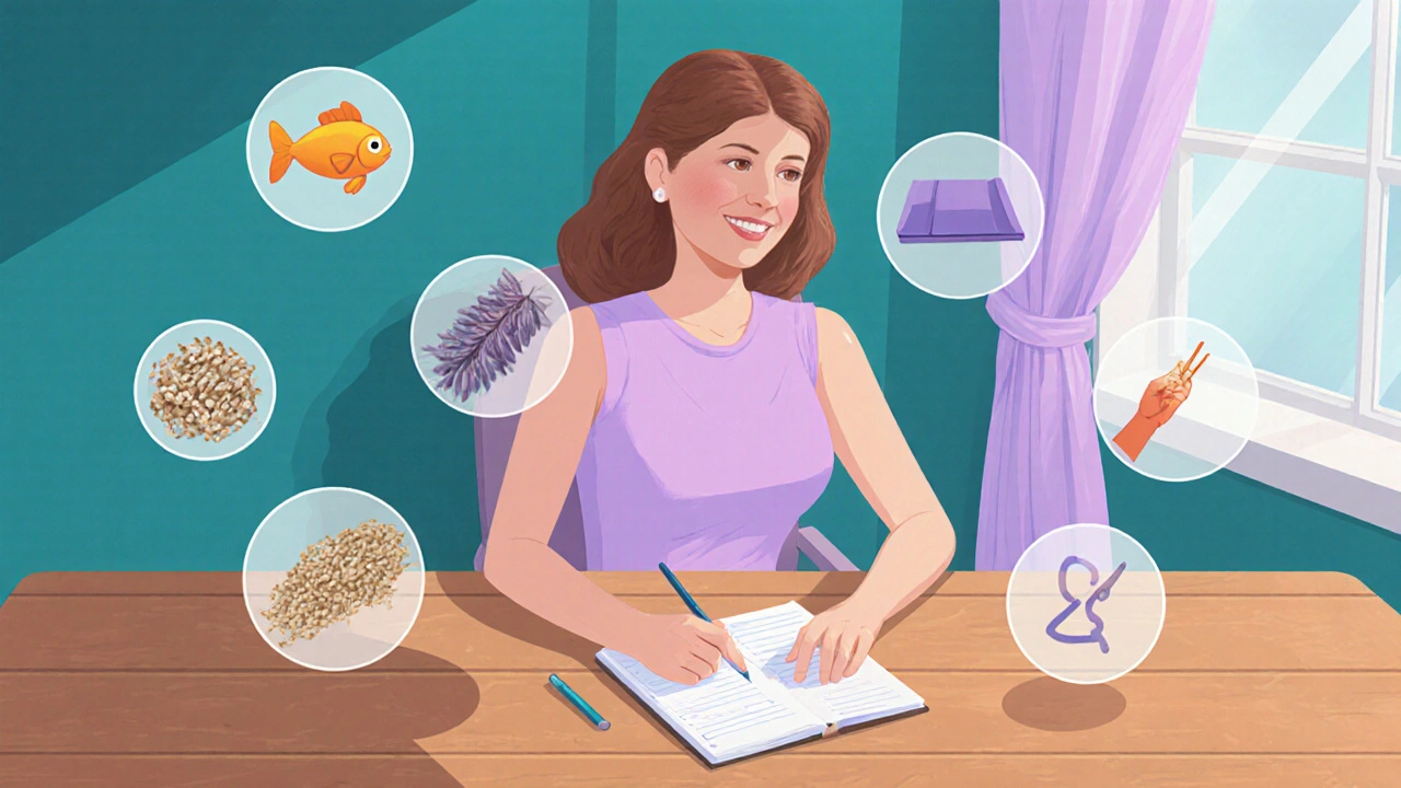 Woman reviewing a symptom diary surrounded by icons of omega‑3, fiber, yoga, and acupuncture.