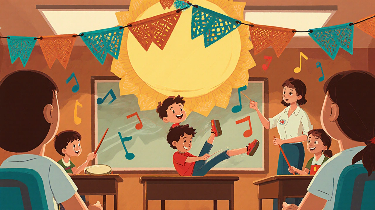 A boy sits calmly in class as rhythmic drumbeats float above him, replacing his previous uncontrolled leg movements.