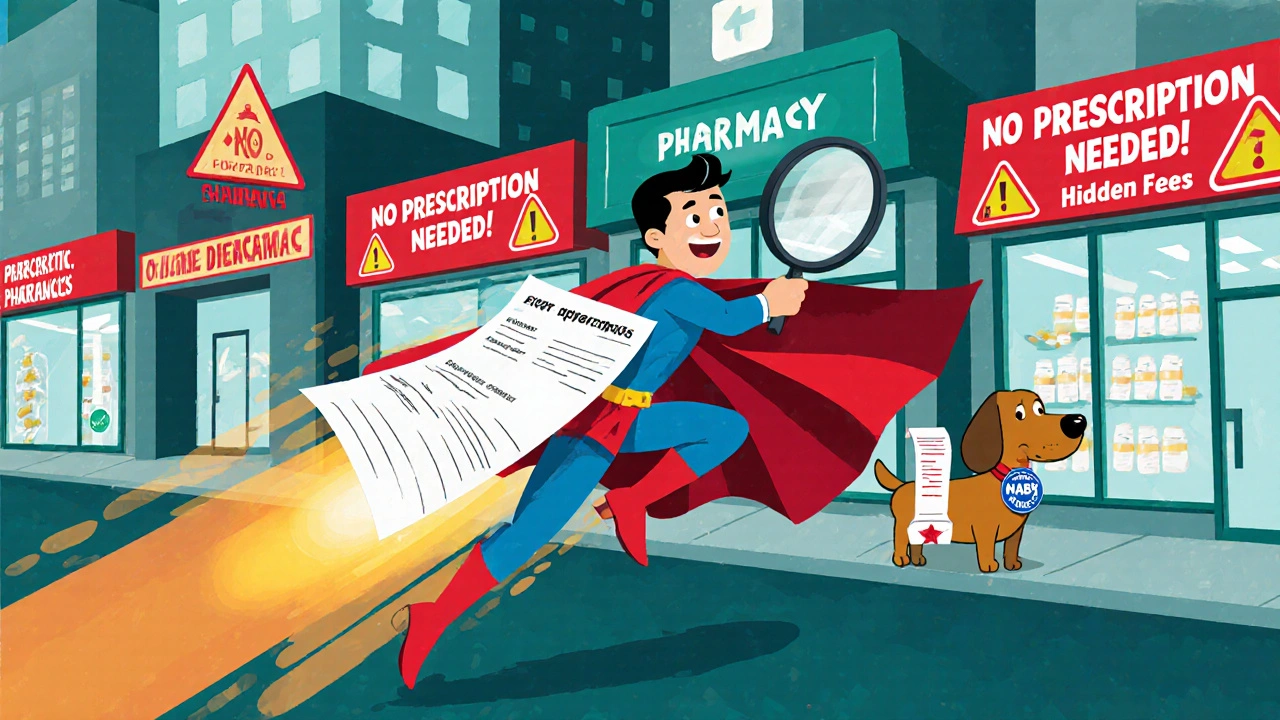 A caped hero dodges fake pharmacies while holding a magnifying glass that exposes hidden fees and shipping delays, with a dog carrying a license scroll.