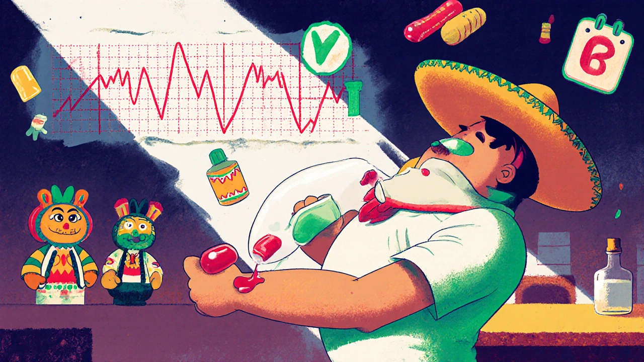 A cartoon pipette draws blood in a lab as ECG waves turn green and metabolite icons dance like maracas.