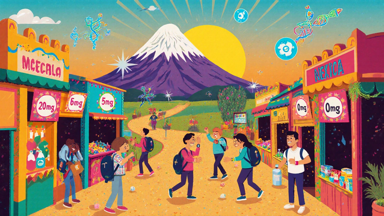 A colorful tapering path through a marketplace, with patients shedding symptoms as they reach recovery.