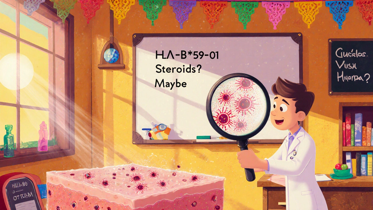 A dermatologist examines a patient&#039;s rash with a magnifying glass, revealing immune cells inside the pustules.