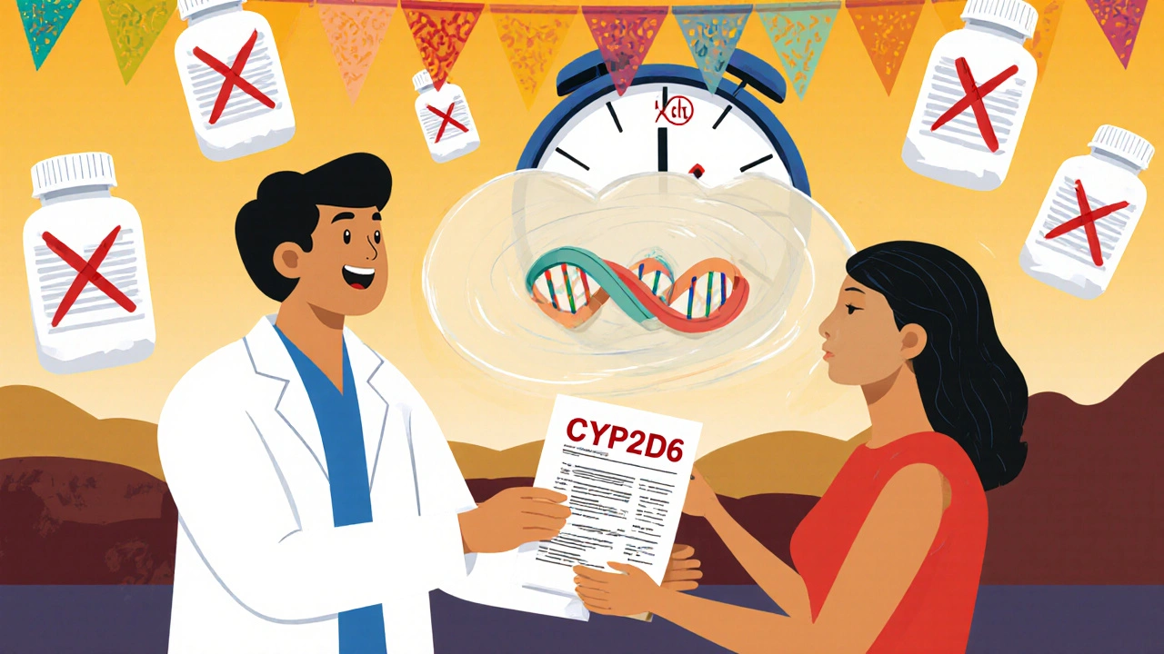 A doctor gives a patient TDM results with a genetic code transforming into a safety bridge and melting clock showing 20 minutes.